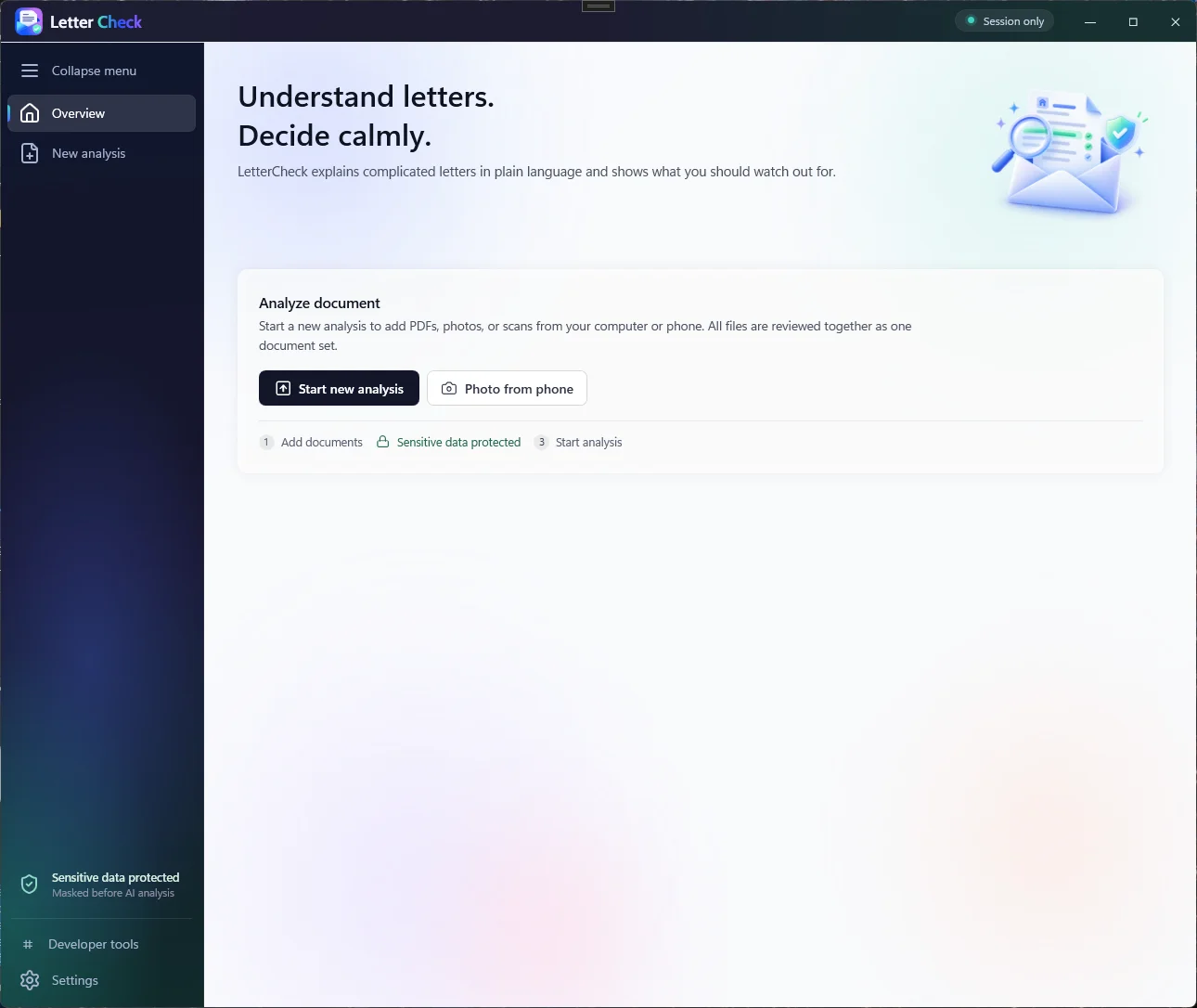 Illustrative LetterCheck-App-Übersicht mit Optionen, einen Brief zur Prüfung hinzuzufügen